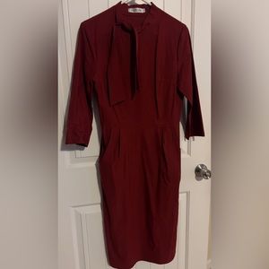Burgundy fitted dress with pockets.